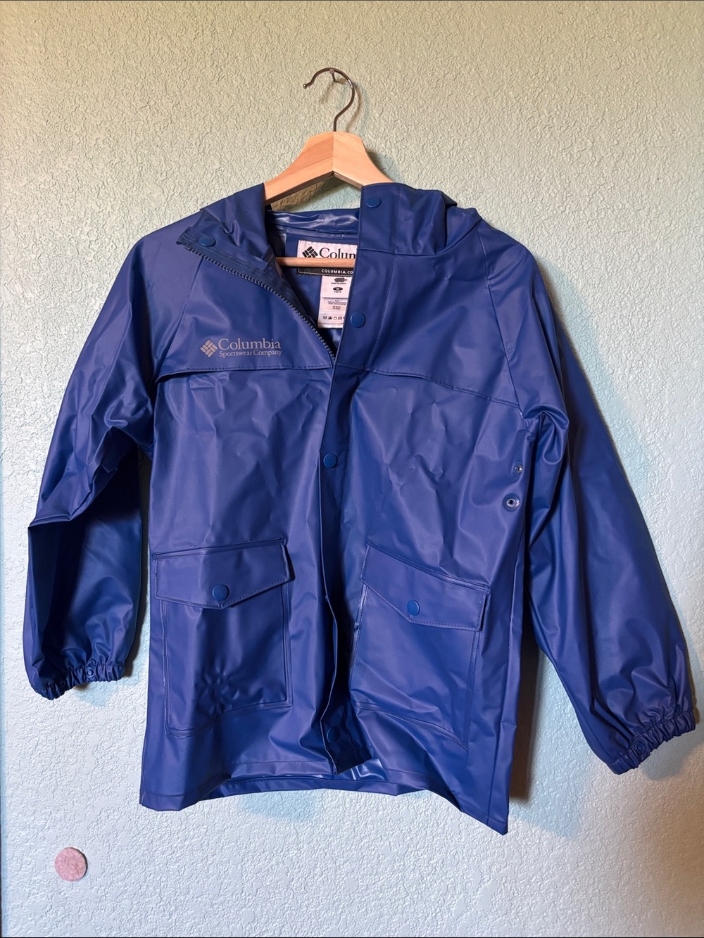 Columbia Kids Heavyweight Waterproof Blue Rain Jacket with Hood Size Medium Good